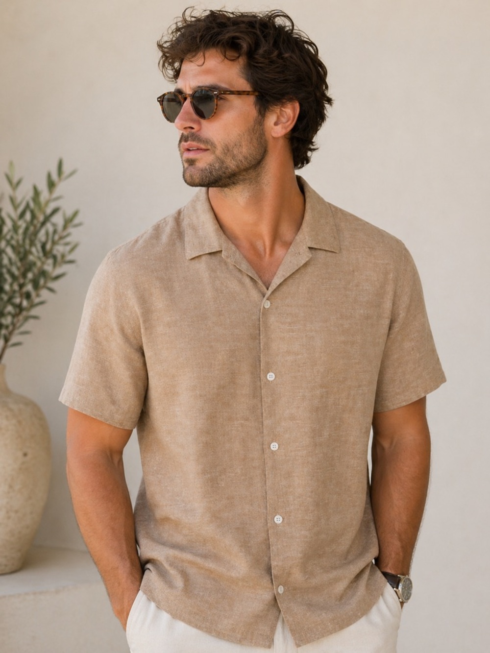 Lindbergh Cotton Linen Shirt - XXL - Beige Short Sleeve Button-Up - Relaxed Fit